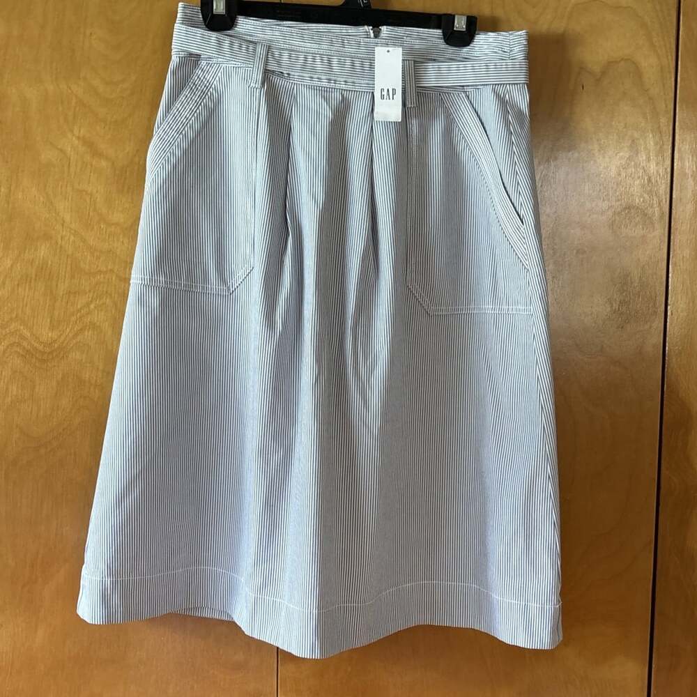 GAP Factory Women's Skirt Size 8 Cotton Blend Blue White Pinstripe Belted NEW